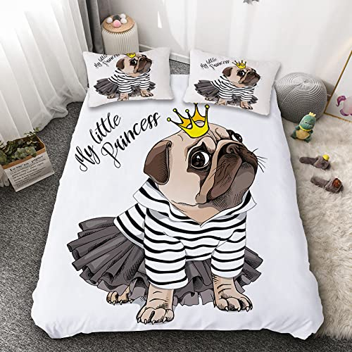 SJSXWQN Bettwäsche 220x240 WeißEr Mops Bettwäsche-Set mit Reißverschluss Schließung für Erwachsene Kinder Weicher Atmungsaktive Mikrofaser Bettbezug + 2 Kopfkissenbezug 80x80 cm