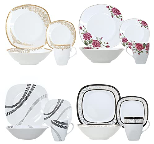 16 Piece Square Porcelain Dinner Set for 4 4X Dinner Plates, 4X Side Plates, 4X Bowls 4 Mugs Gift Kitchen Dinnerware Tableware Set, Microwave/Dishwasher Safe Highly Resistant (Vintage Gold)
