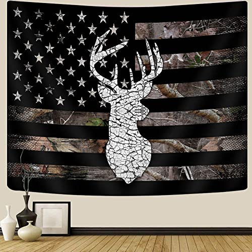 GOAOK Western-Wandteppich, Schwarz-Weiß, amerikanische Flagge, Wandteppich, Landhaus-Hirsch, Jagd, Camouflage, Wandteppich für Männer, Jungen, Zimmerdekoration, cooles Indie-Zimmer, 152.4x101.6 cm