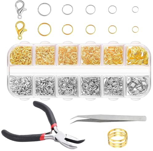 1 200 stycken böjringar öppna, 4/5/6/7/8/10 mm öppen böjring, kedjelås set med smycketång, smyckeslås för reparation av halsband och smyckestillverkning (silver och guld)