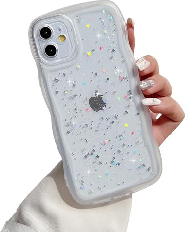 ZTUOK Compatible with iPhone 11 Case for Girls Women,Cute Clear Sparkly Bling Star Design Curly Simple Wave Case Shockproof Protective Slim Soft TPU Glitter Cover for iPhone 11-White