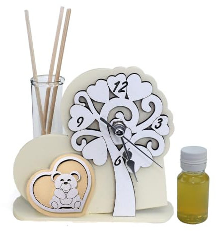 DLM35001 Profumatore Orologio Cuore in Legno Albero della Vita Orso Orsetto Nozze Battesimo Comunione Diffusore Profumo bomboniera