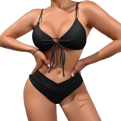 Meioro Bikini för kvinnor, triangel triangel baddräkt, tvådelad med V-ringning, låg midja, sexig med knut och dragsko, grön, polyesterblandning