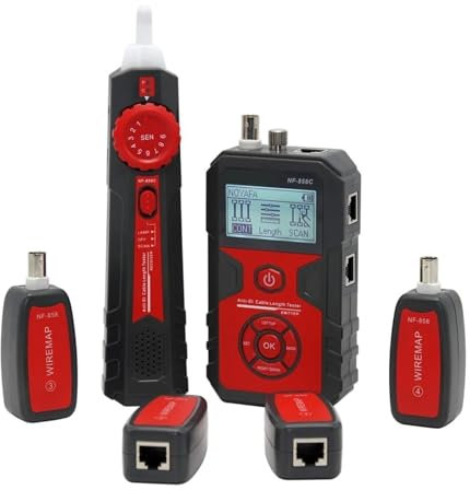 Network Cable Tester NF-858C Network Cable Tester Portable Cat 5 Cat 6 RJ11 BNC Cable Finder Measuring Cable Length And Breakpoints With Light Easy to read