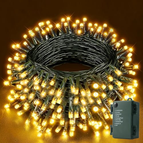 YIFMOO Cadena de Luces Con Batería, 30 m, 300 LEDs, Para Exterior e Interior, Con Temporizador, 8 Modos, Impermeable, Cable Verde - Navidad, Jardín, Fiestas