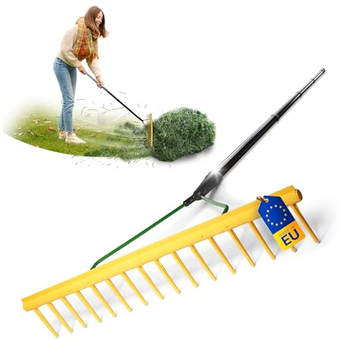 Novatool 2er Set Gartenrechen mit Abziehkante, 16 Zinken und 4tlg Steck- & Schraubstiel, Arbeitsbreite 64,5 cm, Rechen aus Kunststoff und Metall, Laubsammler für Garten, Laubrechen, Rasenrechen, Gelb