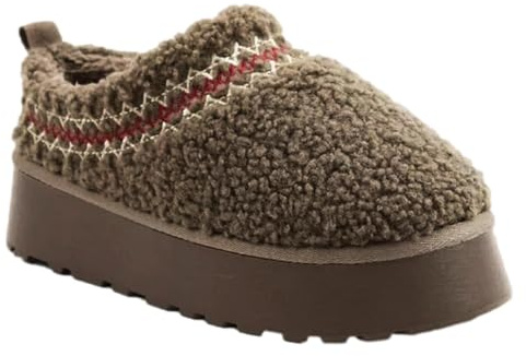 Heavenly Feet Faux Wool Slippers Platform Soft Fluffy Lining Cosy Outdoor Sole Loungewear (Chocolate, UK Footwear Size System, Adult, Women, Alpha, Medium, Large)