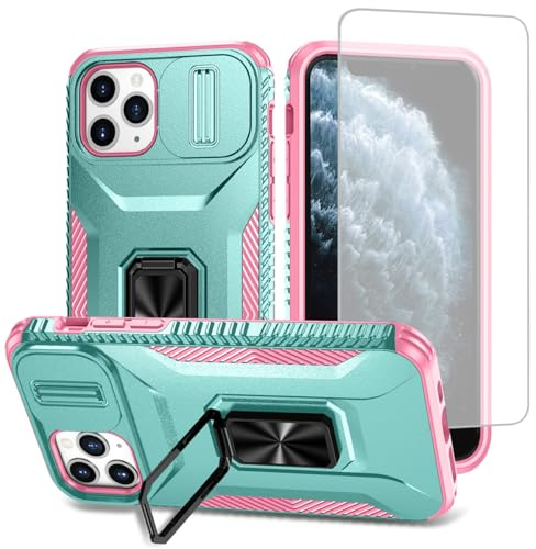 Vavies Coque pour iPhone 11 Pro avec Protection d'écran en Verre trempé, Cache Caméra Coulissant et Anneau Magnétique pour Support Voiture Étui pour iPhone 11 Pro PC Vert