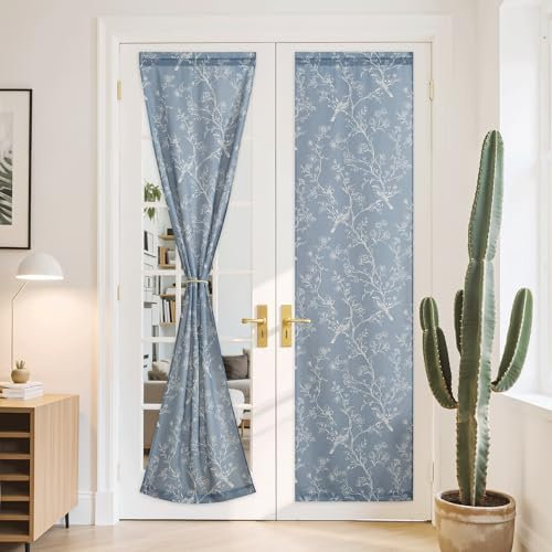 PONY DANCE Tende a Vetro per Porta Finestra 2 Pezzi 60x240 CM Tende Lino Semitrasparenti con Motivo Stampato Decorazione Curtains Soggiorno con Tasca, Blu