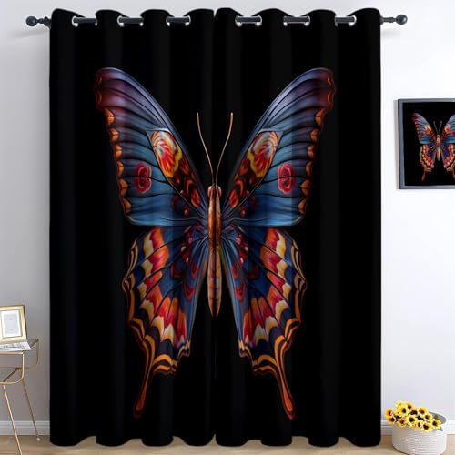XCQHZYQ Verdunklungsvorhänge 2er Set mit Ösen, Schwarz Blickdichte Gardinen Schalldämmend Lärmschutzvorhang für Kinderzimmer Wohnzimmer Gardinen Schmetterling Blau Rot, H 138 x B 117 cm