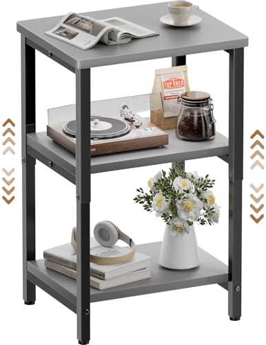 HLONONE Beistelltisch Holz, Nachttisch mit Verstellbarer Ablage, Couchtisch mit Offenem Stauraum, Sofatisch, 30 x 37 x 64.7 cm, Telefontisch fur Wohnzimmer und Schlafzimmer, Grau