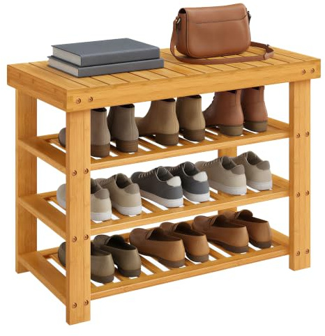 SONGMICS Schuhbank aus Bambus, Naturbeige, 70 x 28,7 x 52 cm | Schuhregal, Sitzbank, Sitzfläche bis 136 kg belastbar, für Flur, Wohnzimmer, Leichter Bambus, BAMBOU Kollektion LBS370YL01