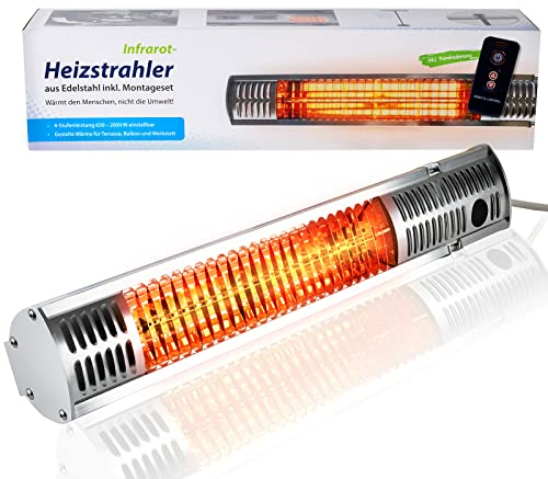 ASIGO® Infrarot Heizstrahler Terrasse I 4 Heizstufen Goldröhre I 650W - 2000W Infrarotstrahler mit Fernbedienung I Wandhalterung I Edelstahl - Aluminiumblende I Infrarotheizung für den Außenbereich