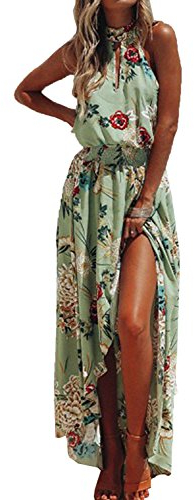 chuangminghangqi Robe de Plage d'été Femme Robe à Motif Floral avec Epaules Dénudées Robe Bohème Longue pour Party Soirée Cérémonie(Vert,S)