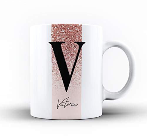 Personalised Marble/Pattern Mug. 11. Rose Gold Stripe with Large Initial