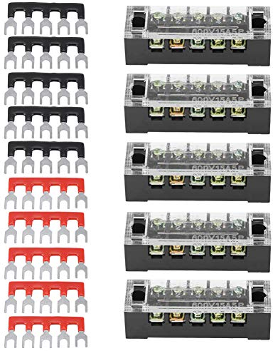 Keenso Elektro Klemmenleiste, 5 Stück zweireihig 5 Positionen 600V 15A Schraubklemmenblock + 10 vorisolierte Klemmenschutzleiste Verteilerleiste für Elektronischen Schaltkreisen Maschinen (5 Position)