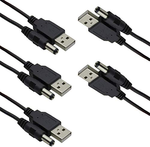 Hailege 5pcs USB 2.0 A Macho a DC 5.5x2.1mm 5 voltios DC Macho Barril de carga Cable de alimentación hembra negro (cable de alimentación máximo de 2.5 amperios, PIN medio positivo)