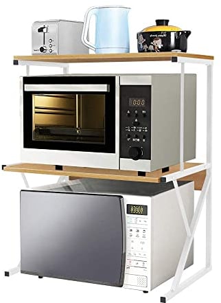 2 Tier Kitchen Countertop Microwave Oven Unit Shelving Stand Rack for Household Storage Organizer, Home Office Desktop Shelf Printer Rack Free Standing Metal Frame Wood Tabletop