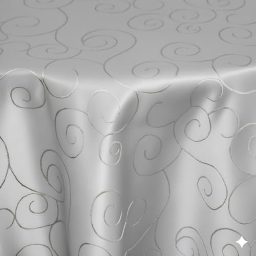 Tischdecke | Tafeldecke | Hellgrau - Oval - 160x220cm | Tischtuch | Ornamenten-Muster | Damast | Seidenglanz | Pflegeleicht | Schmutzabweisend