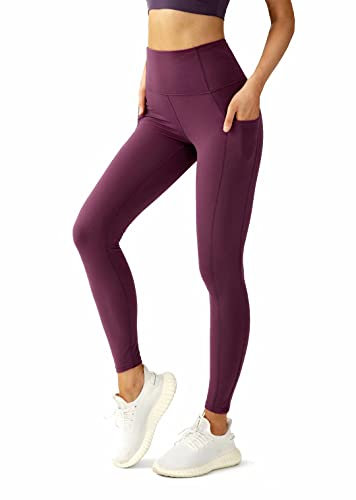 QUEENIEKE Sporthose Damen mit Taschen Hohem Bund Atmungsaktive Sportleggings für Laufen, Training Yogahose - 66 cm (Merlotrot, 34-36)