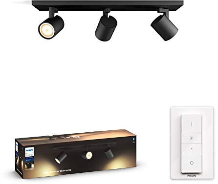 Philips Hue White Ambiance Runner, 3 Faretti Led Smart, Lampadina GU10 Inclusa, Telecomando Dimmer Switch Incluso, Dimmerabile, con Bluetooth, 3 x 5.5 W, Nero