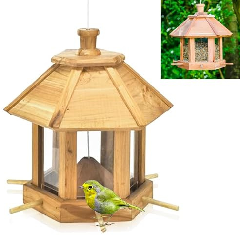 FISHTEC - Vogelhäuschen mit Dach aus Rotem Zedernholz Wasserdicht - 6 Sitzstangen zum Befestigen - Hängend oder Aufsetzen - Breite Abmessungen 26 x 22 cm - Sechskantformat - Befestigungsschnur