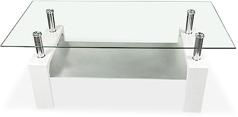 Somnia Descanso - Mesa de Centro de Cristal, Mesita de Salón o Comedor, Modelo Öland, Acabado en Color Blanco, Medidas: 110 cm (Ancho) x 55 cm (Fondo) x 45 cm (Alto)