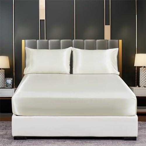 Tospass Satin Spannbettlaken 160x200 cm Boxspringbett Topper Weiß Luxus Seide Glanzsatin Spannbetttuch Glatt Leintuch Weiche Microfaser Bettlaken für Matratze bis 15-30 cm Hohe
