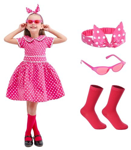 Rabtero Robe vintage des années 50 pour fille, costume rétro des années 50 pour fille, robe à pois avec bandeau, lunettes et chaussettes, rose rouge, 5-6 ans