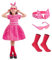 Rabtero Robe vintage des années 50 pour fille, costume rétro des années 50 pour fille, robe à pois avec bandeau, lunettes et chaussettes, rose rouge, 5-6 ans