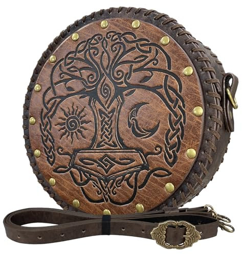 HiiFeuer Viking geprägte Umhängetasche Crossbody Bag, Gürteltasche aus nordischem Kunstleder Schultertasche, Mittelalter tragbare Cosplay Umhängebeutel (Braun B)