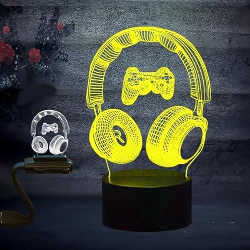 Creative Acrylic 3D Night Light Gamepad Headphone Headset Model Table Lamp for Boys Girls Cool Decor for Bedroom 16 Color Remote Control Illusion Lamp Ornaments Lamp Gifts for Game Music Lover Teens