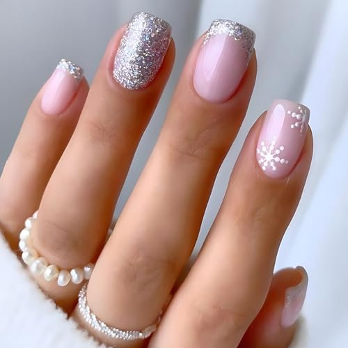24Pcs Noël Rose French Faux Ongles Court Carré, Argent Paillettes Ongles à Coller avec Blanc Flocons de Neige, Acrylique Pleine Couverture Hiver Faux Ongles à Coller Réutilisables pour Femmes