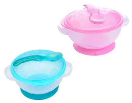Abaodam 2stücke Babyfütterschüssel Mit Saugnapf Und Doppelgriffen Und Temperaturfühlerlöffel Rutschfeste Kunststoffgeschirr Für Kleinkinder in Rosa Und Blau