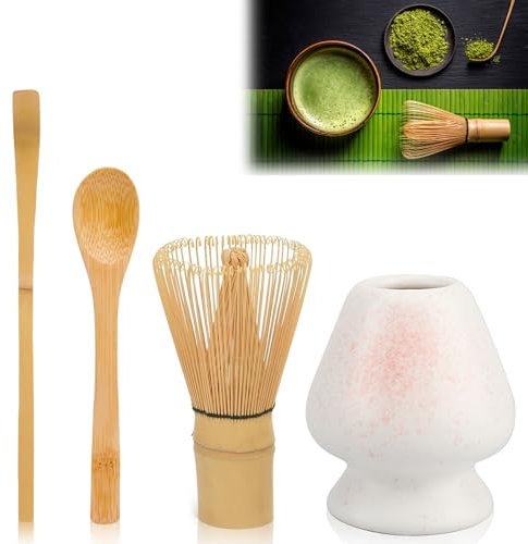Matcha set – Matcha kit – Set Fouet Matcha – 4 pièces d'accessoires pour matcha avec cuillère à matcha et support en céramique – idéal pour la préparation et les cérémonies du thé (rose)