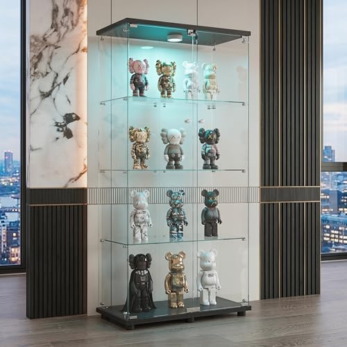 KOOPMAD glasvitrinskåp, vitrinskåp, glas med LED-ljus och lås, skåp för samling, vitrinskåp för vardagsrum, sovrum, 80 x 36 x 164 cm, 2 dörrar, 4 våningar, svart