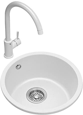 évier, Évier de cuisine, évier en pierre de quartz blanc, évier à canal avec robinet, petit évier rond, évier de cuisine for balcon, évier sous comptoir(46Cm)