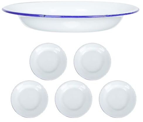 HOMOBABE Platos Esmaltados Redondos con Borde, 6 Unidades Blancos | Plato de Ensalada Vintage, Platos Llanos, para Picnic y Camping