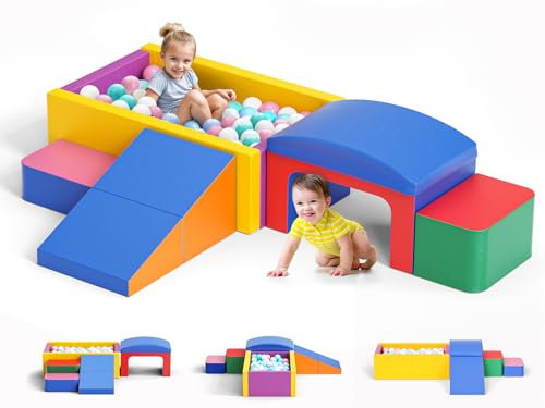 CUPCHID Parcours motricité bébé,Blocks de Piscine à balles, Blocs d'escalade en Mousse pour Les Tout-Petits, puits de Balle à Jeu Doux, Jeu Doux Grimper avec Un Bloc Pliable et Un Tunnel (A)