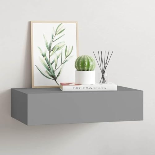 Mokuyary Wandregal mit Schublade, MDF, grau, 40 x 23,5 x 10 cm, Nachttisch, schwebend, Regal mit Schublade für Flur, Schlafzimmer