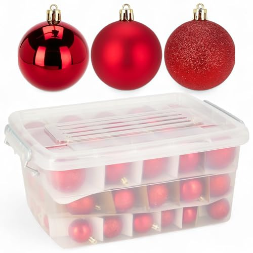 MIJOMA 70-TLG Set Weihnachtskugeln in praktischer Aufbewahrungsbox – 3 Größen & 3 Finishes – bruchsicher & wiederverwendbar – ideal für Weihnachtsbaum & Deko (Rot)