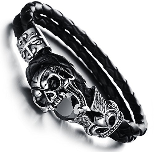 JewelryWe Double Layers Black Leather Warp Bracelet Mens Vintage Skull Braided Wristband 7.09 Inch (with Gift Bag)
