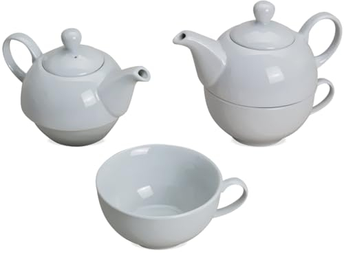Set di teiera in bianco – tazza da tè in porcellana dolce con coperchio per 400 ml | 200 ml – tazze da caffè eccezionali lavabili in lavastoviglie e adatte al microonde come regalo