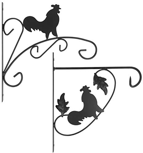 com-four® 2x Wand-Dekorationen aus pulverbeschichteten Stahl, Haken für Blumentopf, Garten, Windspiele, Blumenampelhalter (2 Stück - Hahn)