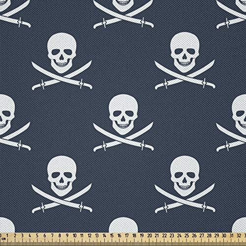 ABAKUHAUS Pirates Stoff als Meterware, Jolly Roger Muster, Seidiger Satin Stoff Zum benähen von Heimtextilien, 2M (148x200cm), Dunkelblau Weiß