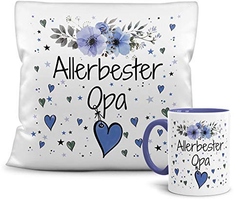 PR Print Royal Geschenk-Set aus Tasse und Kissen mit Füllung - Allerbester Opa - Persönliche Geschenkidee für Beste Freunde, Verwandte und Familie - weiß/blau