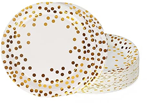 TOPWAYS Platos Desechables Cumpleaños, 48pcs 23cm Oro Blanco Desechables Papel Elegantes Platos Fiesta Vajilla para Decoración Cumpleaños Niño Hombre Mujer, Bodas Aniversarios BBQ (9 pulgadas)