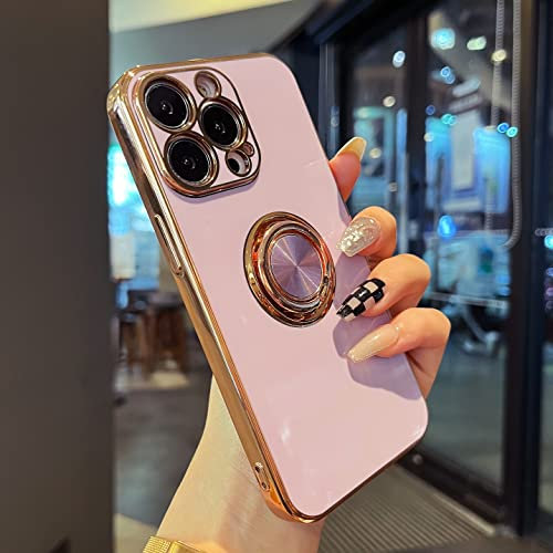 ZTOFERA Compatible with iPhone 14 Pro Max Case with 360 Degree Rotation Finger Ring Holder, Flexible Silicone Phone Case with Magnetic Metal for Car Mount Gold Edging Shockproof Cover, Purple