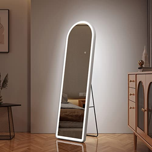 EMKE Miroir sur Pied Arc 147 x 45 cm avec Cadre en Alliage d'aluminium, avec 3 Couleurs de Lumière, Lumineuse Réglables, Blanc
