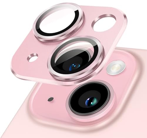 JETech Protector Lente Cámara para iPhone 15 6,1 Pulgadas y iPhone 15 Plus 6,7 Pulgadas, Cobertura Completa 9H Cristal Vidrio Templado Anillo, Placa Metal Mate, 1 Unidades (Rosado)